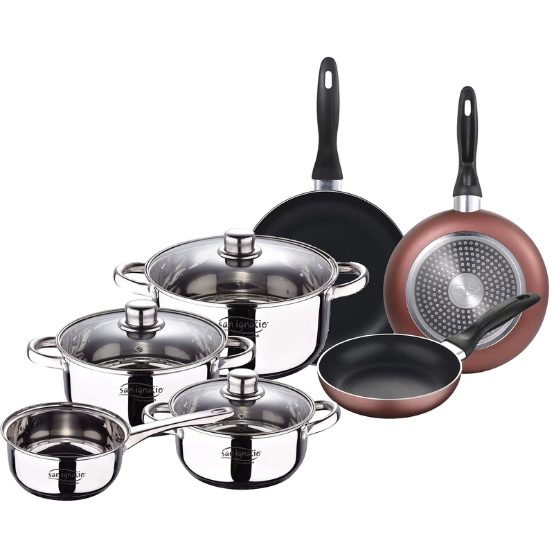 7-Piece Stainless Steel Battery: Saucepan Without lid Ø16 / saucepans with lid Ø18 / Ø20 and Ø24 (4.0L) and Set of 3 Pans Ø16/20/24 cm, Pressed Aluminium