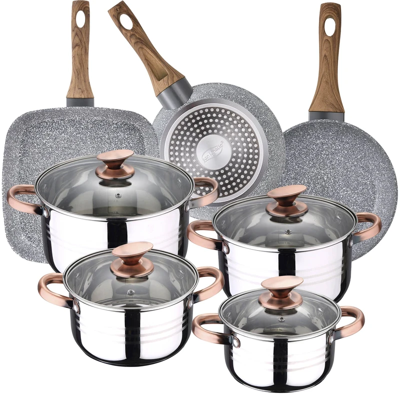 Kitchen Battery 8 Pieces SAN IGNACIO Premium Nona, Stainless Steel, with pan Set (18/22 cm) and Grill 28x28 cm Daimiel in Forged Aluminum