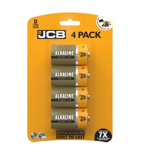 JCB D Super Alkaline, Pack of 4 [up to 7 times more power] 1.5V LR20 MN1300, ideal for everyday hungry devices, long lasting power, anti-leakage technology