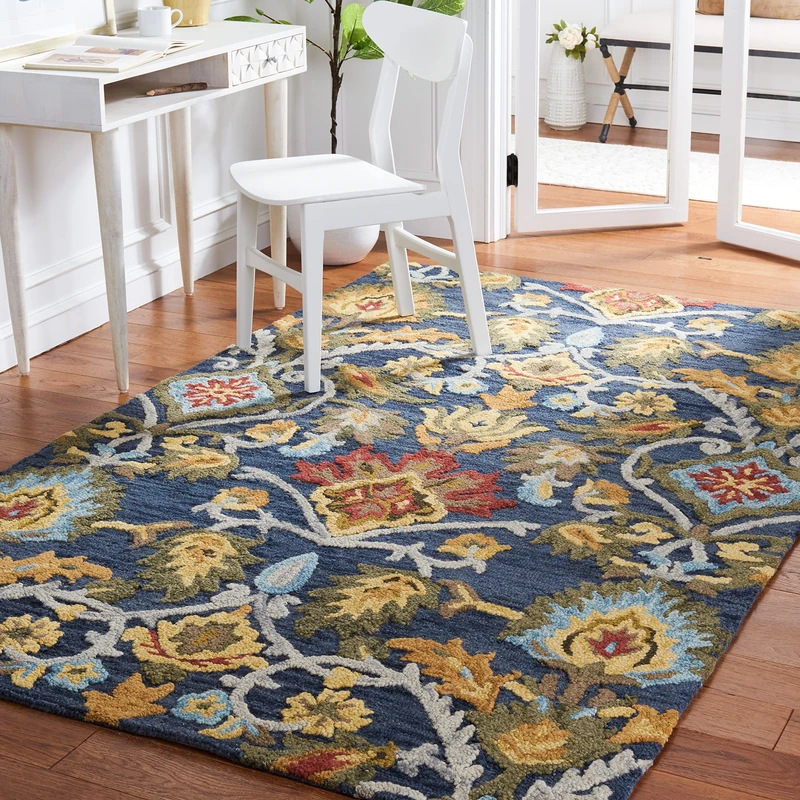 Safavieh Contemporary Rug for Living Room, Dining Room, Bedroom - Blossum Collection, Short Pile, in Navy and Mutli, 91 X 91 cm