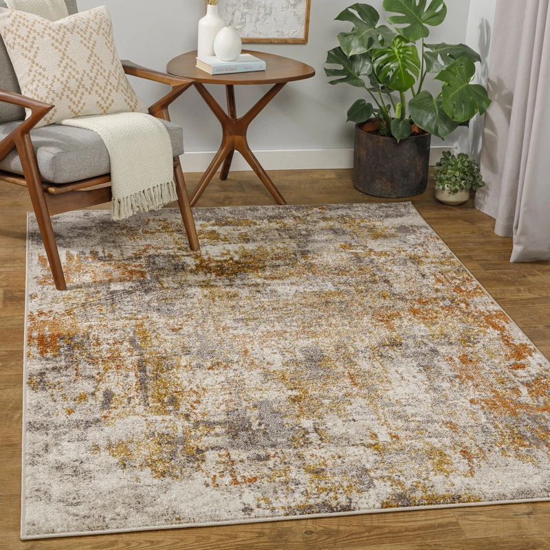 Livabliss Tervel Abstract Rug - Area Rugs Living Room 160x213 cm, Dining Room, Lounge, Kitchen, Bedroom - Modern Marble Large Rug, Soft Luxurious Easy Care Medium Pile, Orange, Mustard, Grey,Beige