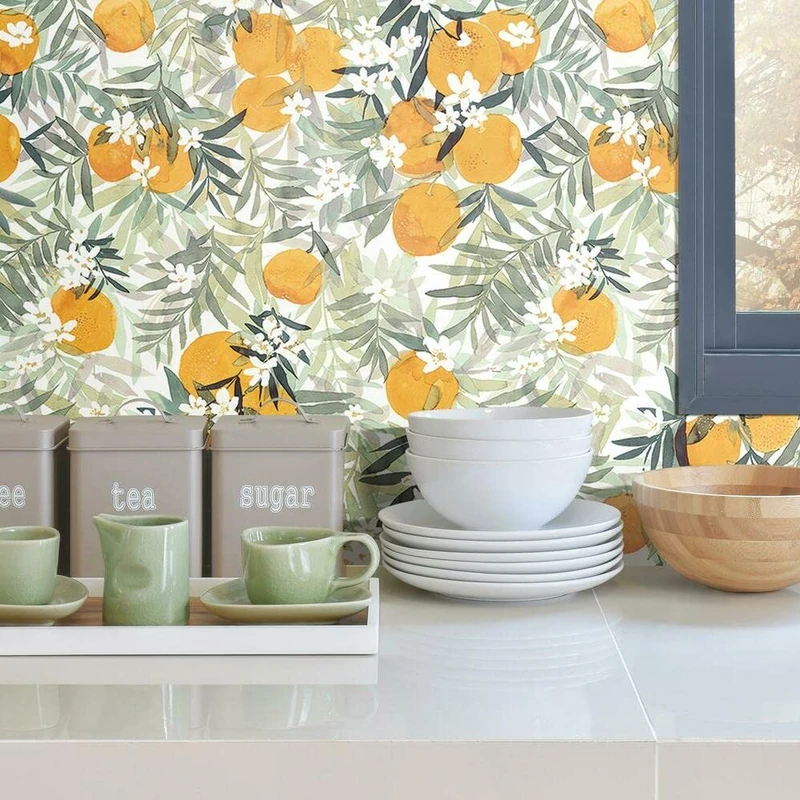 RoomMates RMK12199RL Yellow and Green Orange Citrus Blossom Peel and Stick Wallpaper