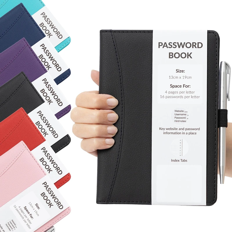 Password Book Alphabetical with Tabs - Secure Login Organiser for Websites, Username & Notes - Hardback A-Z Index Password Keeper with Pen (Black)