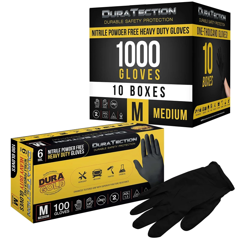 Dura-Gold HD Black Nitrile Disposable Gloves, 10 Boxes of 100, Size Medium, 6 Mil - Latex Free, Powder Free, Textured Grip