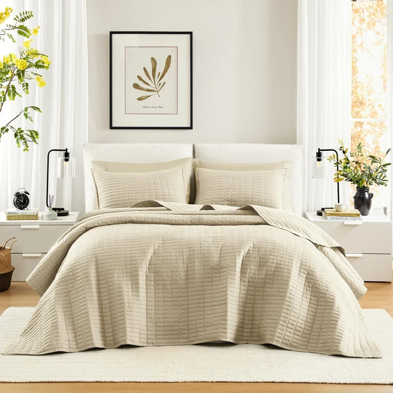 Comfort Spaces Kienna Quilt Set-Luxury Double Sided Stitching Design, All Season, Lightweight, Coverlet Bedspread Bedding, Matching Shams, Oversized King(120"x118"), Ivory 3 Piece