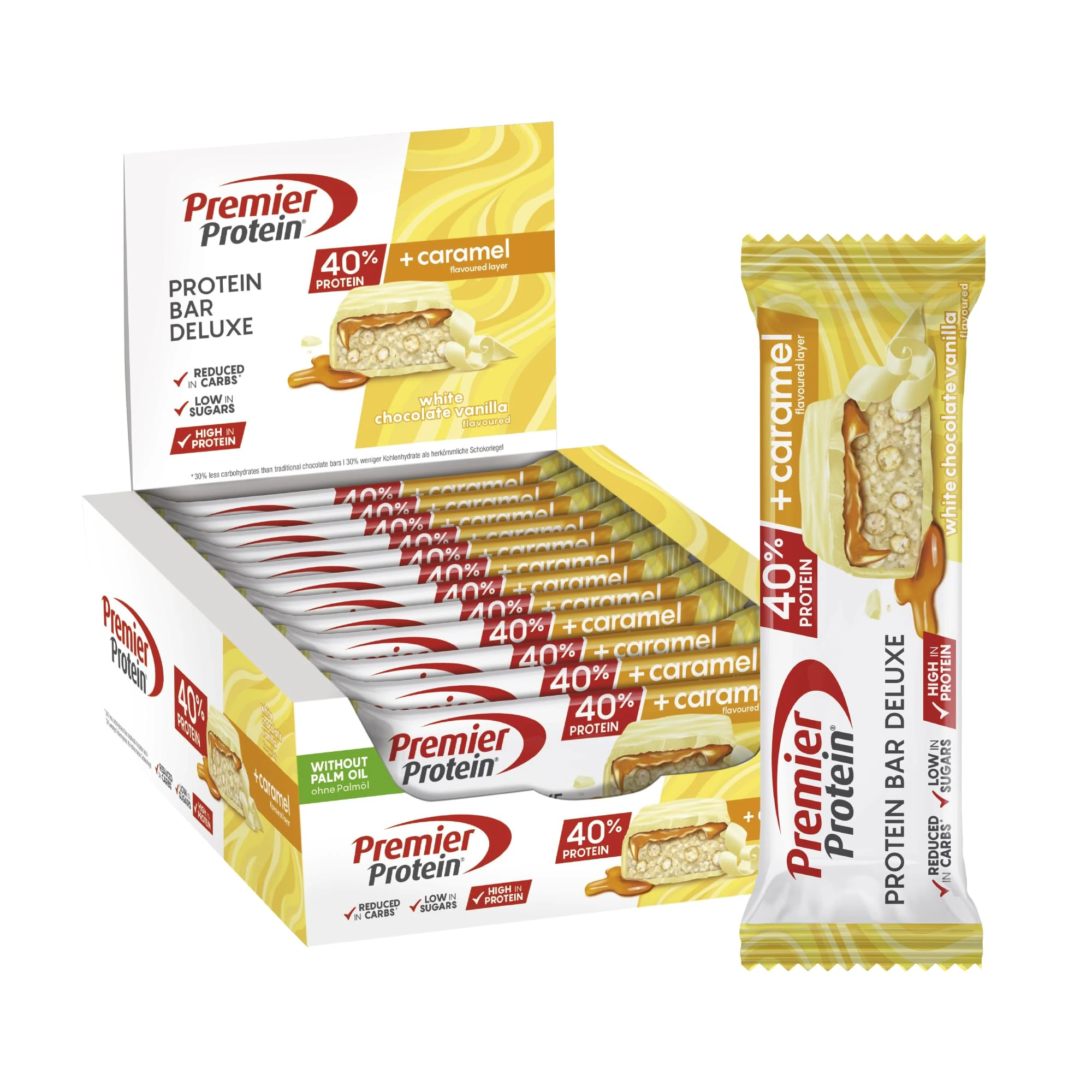 Premier Protein Bar Deluxe White Chocolate Vanilla 12x50g - High Protein Low Sugar + Carbohydrate Reduced + Palm Oil Free