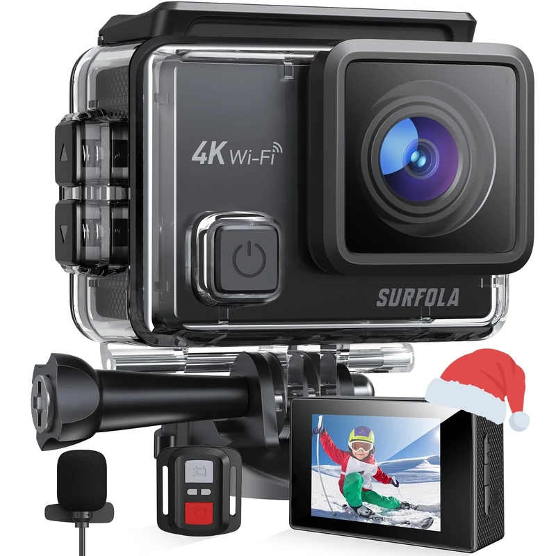 Surfola 4K 30fps Action Camera SF230, 131ft Waterproof Underwater Camera for Snorkeling, 20MP WiFi EIS Camera for Vlogging, External Mic, 2 Rechargeable Batteries, Remote Control, Accessories Kit