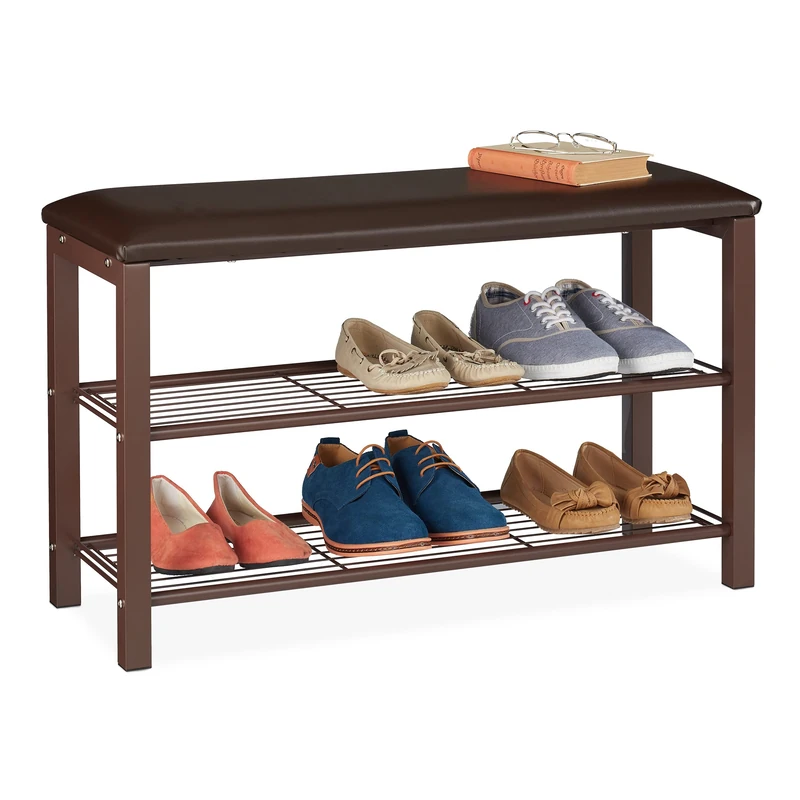 Relaxdays Shoe Rack for Sitting 2 Shelves H x W x D 6-8 Pairs Iron and PVC Brown 48 x 80 x 30 cm