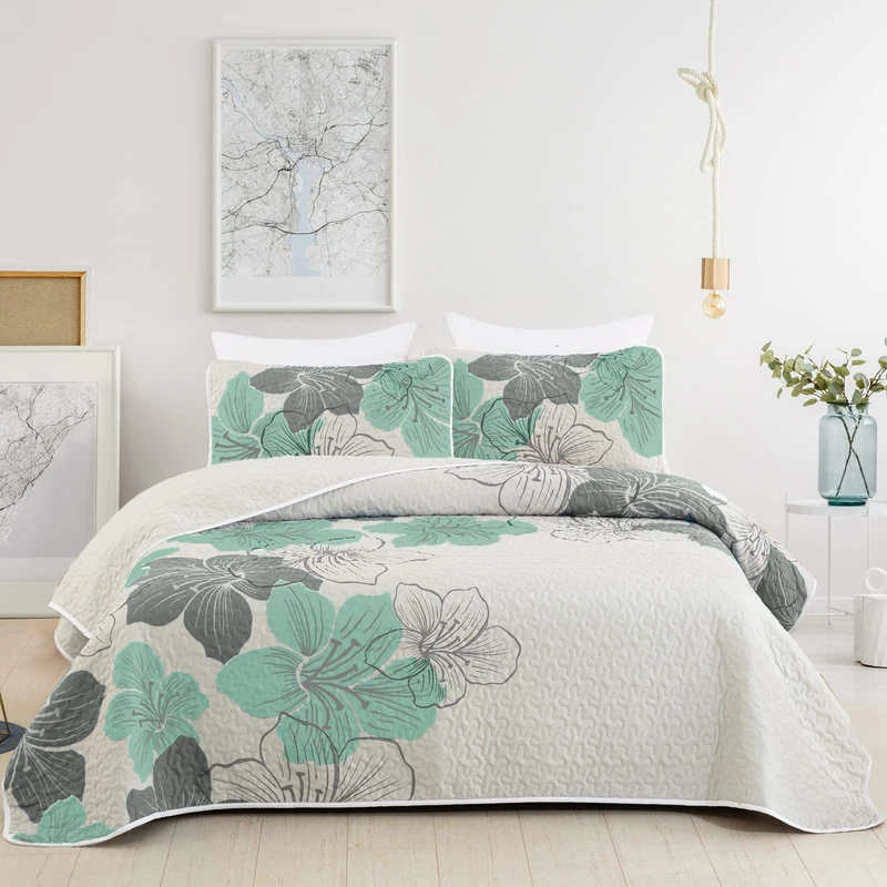 DJY - 3 Piece Queen Size Green Floral Comforter Set Bohemian Bedspread with 2 Elegant Pillow Shams All Season 90"x96" - Image 1