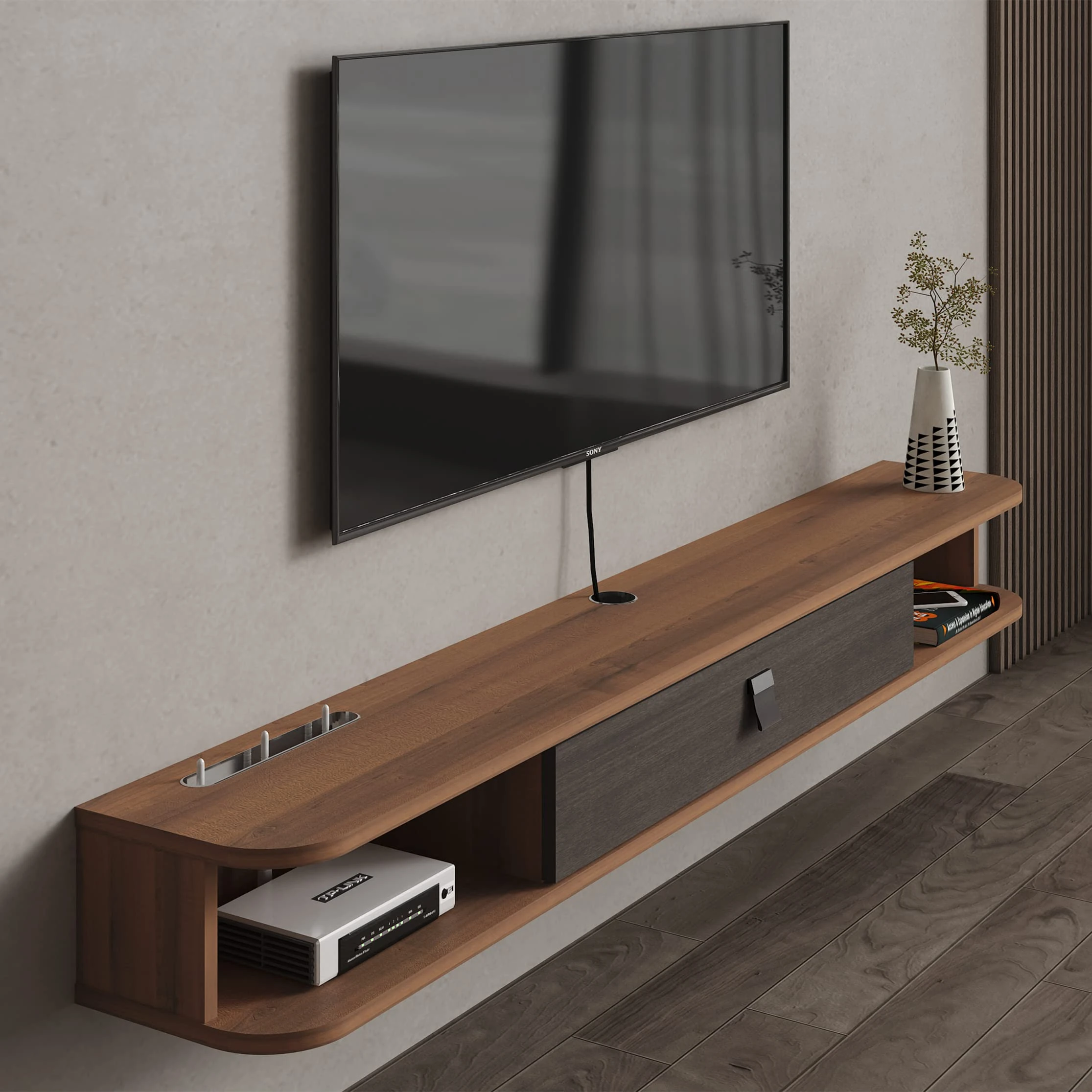 Pmnianhua Floating TV Stand, Wall Mounted TV Cabinet, Floating Shelves with Door, Modern Entertainment Media Console Center Large Storage TV Bench for Living Room & Office (120cm, Dark Brown)