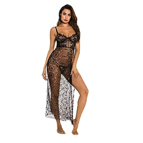 Sexy Lingerie for Women Naughty Sexy Bikini Cover-Ups Floral Lace See Through Slim Fit Maxi Dress Women Sleeveless V Neck Split Dress Sleepwear-Black_XXL