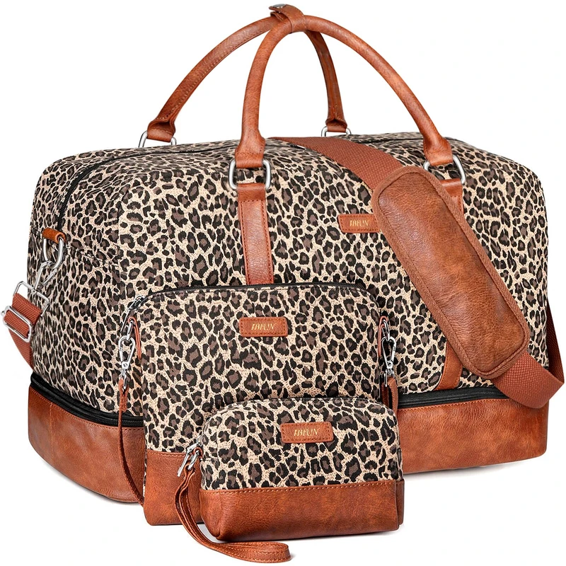 IBFUN Weekender Bags for Women, 21" Weekender Travel Bag, Travel Duffle Bag Carry on Overnight Duffel Bag 3PCS, A4-Canvas-Leopard, L, Expandable Weekender Bag with Back Side Luggage Sleeve and