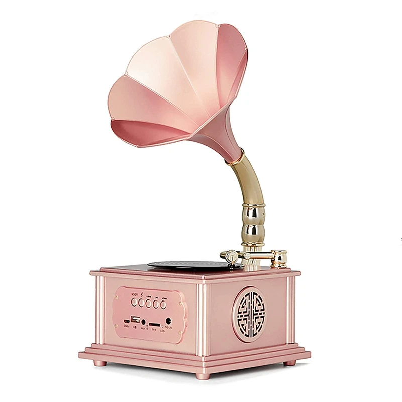 Portable Vinyl Records,Record Player Bluetooth Turntable Vinyl player with Built in Stereo Speakers,Retro Vintage Phonograph 3 Speed Belt, Golden Pink recorder