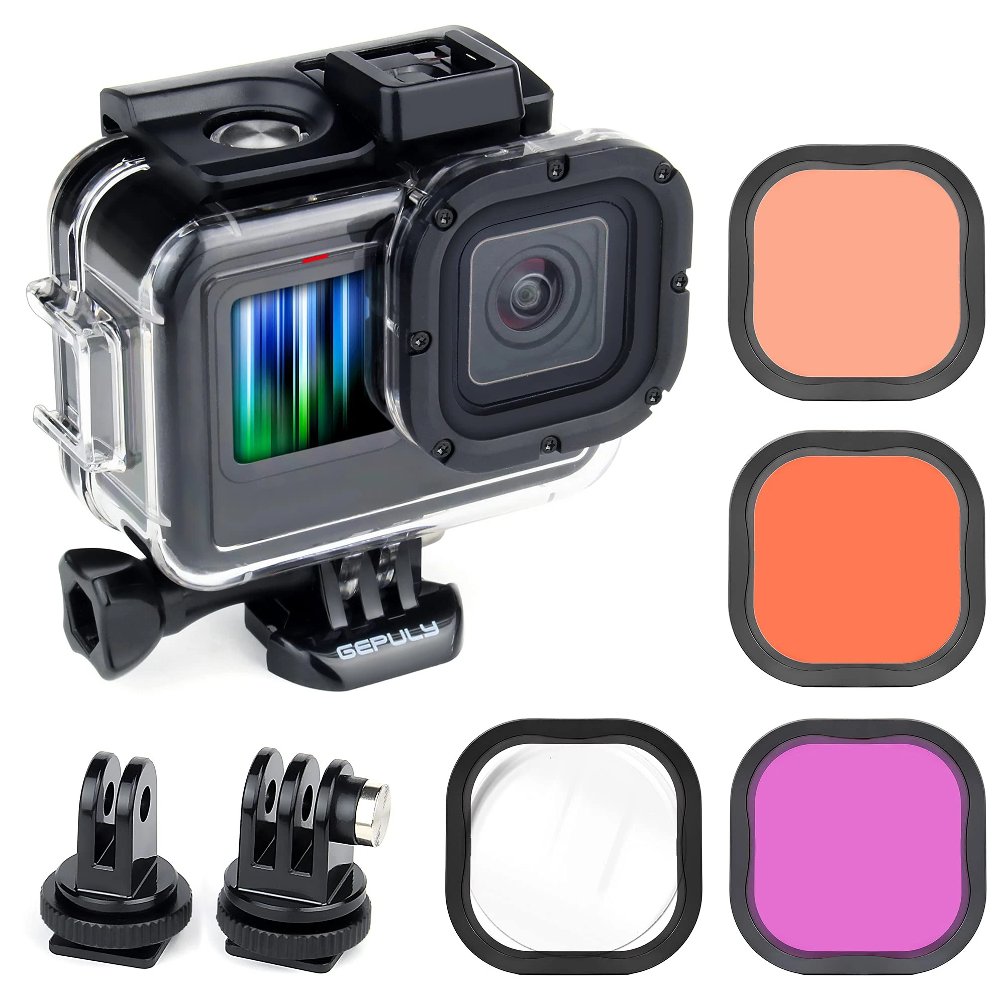 GEPULY 196FT/60M Waterproof Case with Dive Filters for GoPro Hero 13 12 11 10 9 Black, Underwater Protective Dive Housing Case Shell with 4-Pack Filters Red, Snorkel, Magenta, 5X HD Close-up Filters