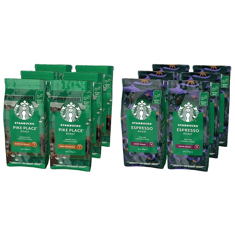 STARBUCKS Espresso Roast, Dark Roast, Whole Bean Coffee 200g (Pack of 6) & Pike Place Roast, Medium Roast, Whole Bean Coffee 200g (Pack of 6)
