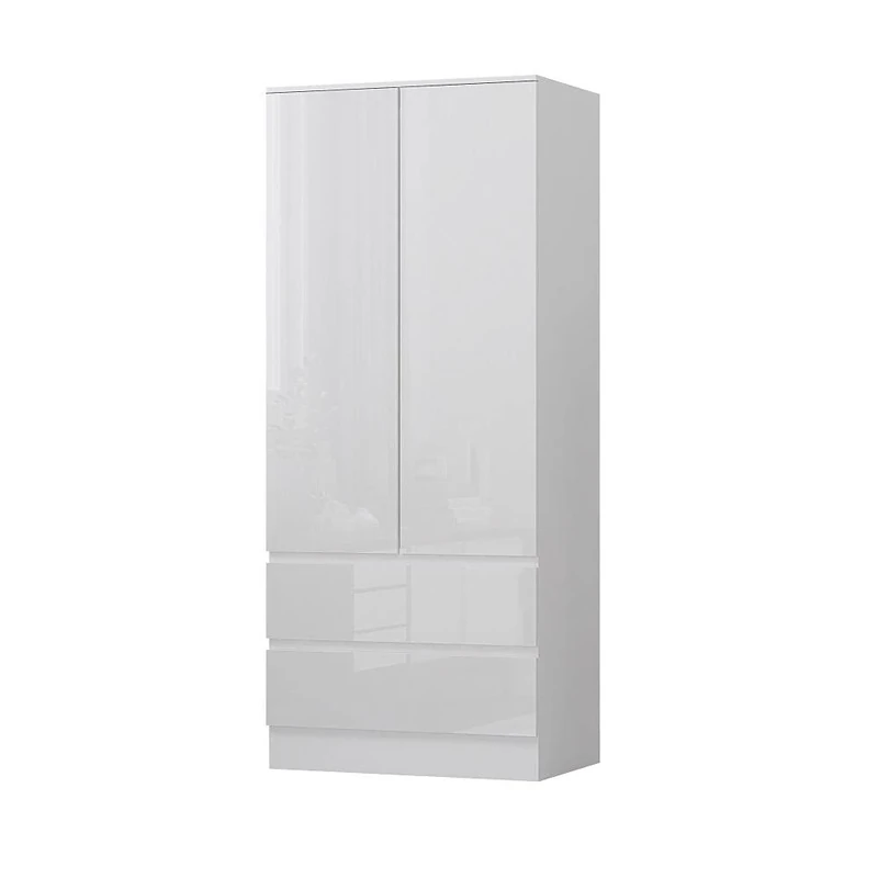 FWStyle White Gloss 2 Door 2 Drawer Combination Wardrobe with Matt White Frame, Modern Scandinavian No Handle Design, Soft Close Hinges, Hanging Rail, W80 x D50 x H181cm