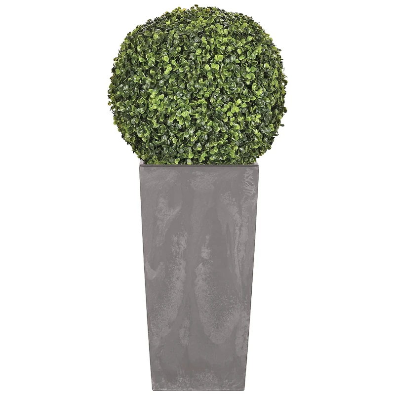 Prosperplast Urbi Square Effect Plastic Tall Planter Set with Tank in Light Grey, 55 (H) x 29.5 (W) x 29.5 (W) x 29.5 (H) cms + Boxwood ball diameter 36 cm