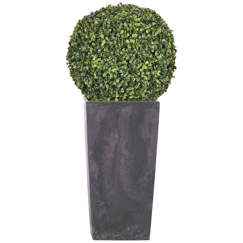 Prosperplast Urbi Square Effect Plastic Tall Planter Set with Anthracite, 55 (height) x 29.5 (width) x 29.5 (depth) cm + Boxwood ball diameter 36 cm