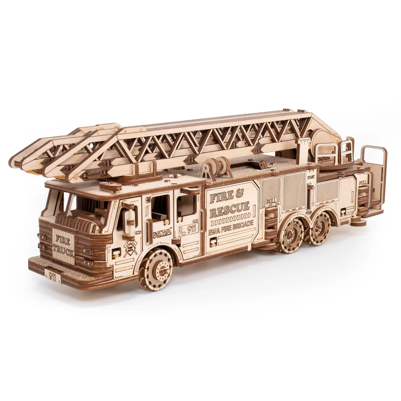3D Puzzle Adult Fire Engine - DIY Wooden Construction Kit Mechanical Puzzle with Wind-Up Mechanism, Ladder & More - 3D Wooden Puzzle for Adults & Children from 14 Years - EWA Eco Wood Art, 439 Pieces