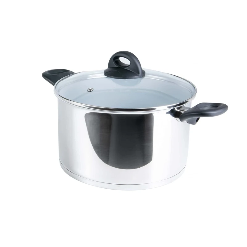 Genius Cerafit Steel Cooking Pot 24 cm + Glass Lid - Stainless Steel Pot Coated with 6 L Capacity | Pasta Pot for All Hobs & Induction | Sandwich Base with Aluminium Core