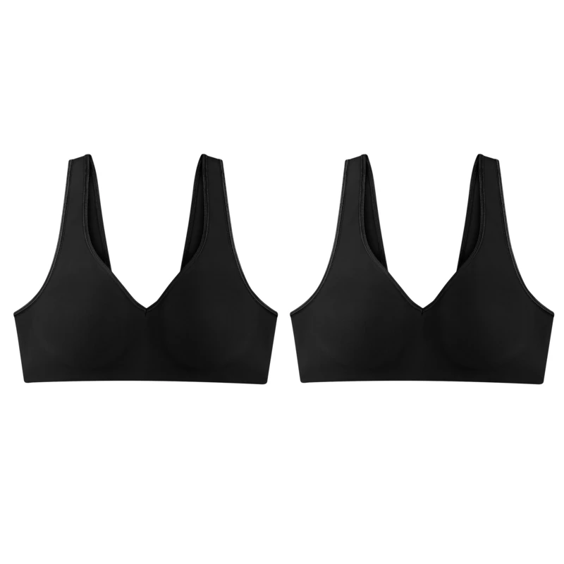 Hanes Women's Wireless, Smooth Comfort Full-Coverage T-Shirt Bra, Single, Opaque, Black/Black, 2-Pack, XXL (Pack of 2)