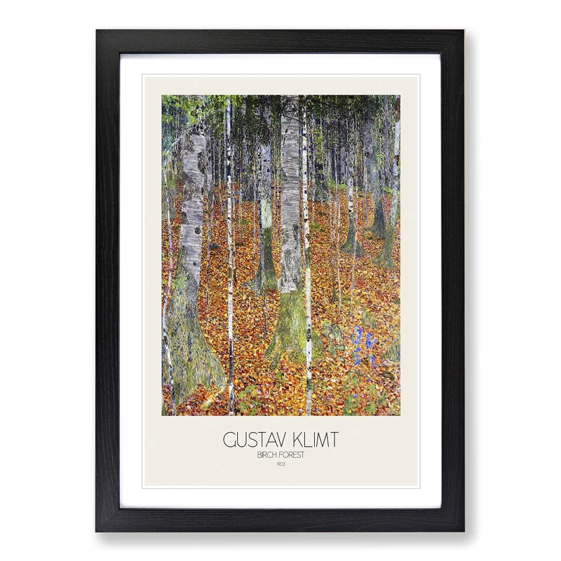 Birch Forest with Border by Gustav Klimt Framed Print | A2 Black Framed Wall Art | Ready to Hang | Modern Landscape Picture | Living Room Bedroom Lounge Office