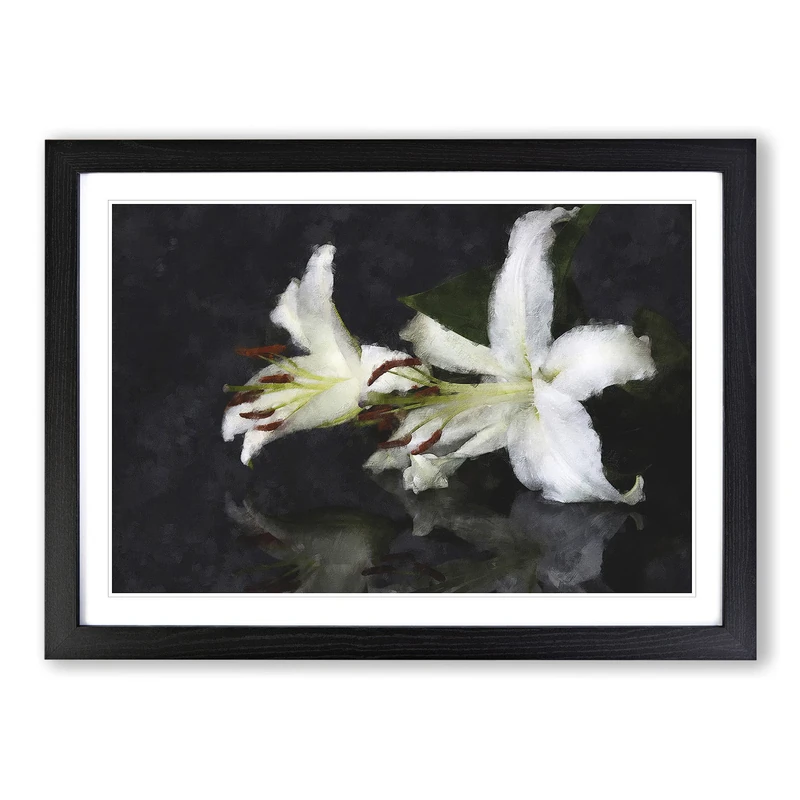 White Lily Flowers Painting Framed Print | A2 Black Framed Wall Art | Ready to Hang | Modern Floral Picture | Living Room Bedroom Lounge Office