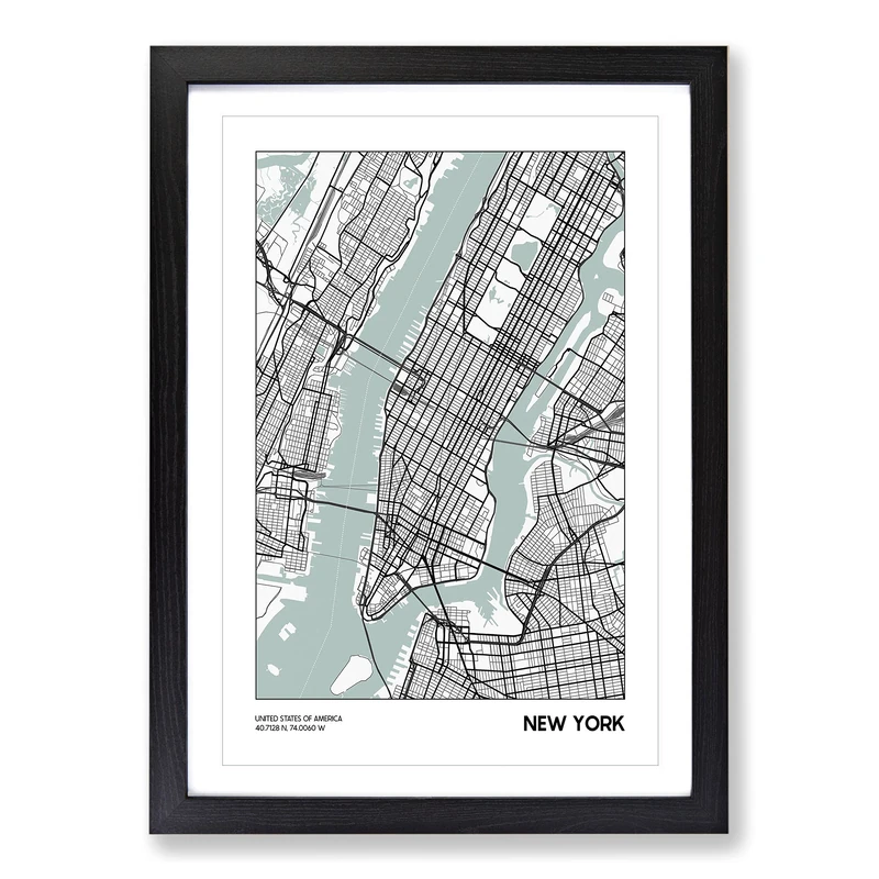 Map New York USA Framed Print | A2 Black Framed Wall Art | Ready to Hang | Modern Flag Picture | Living Room Bedroom Lounge Office