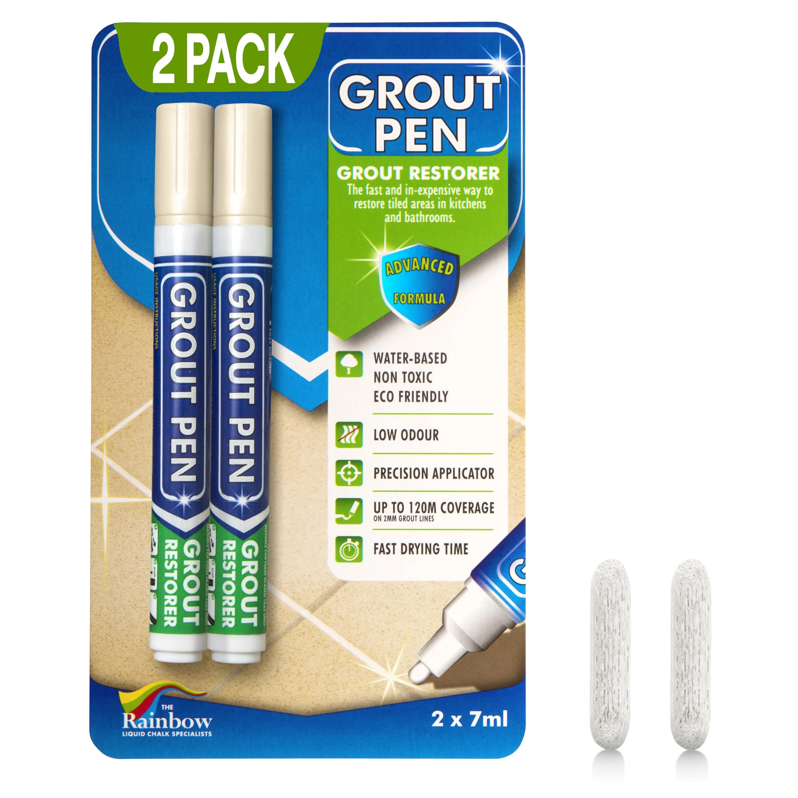 Twin Pack (CREAM) Grout Pen - Designed for restoring tile grout in bathrooms & kitchens