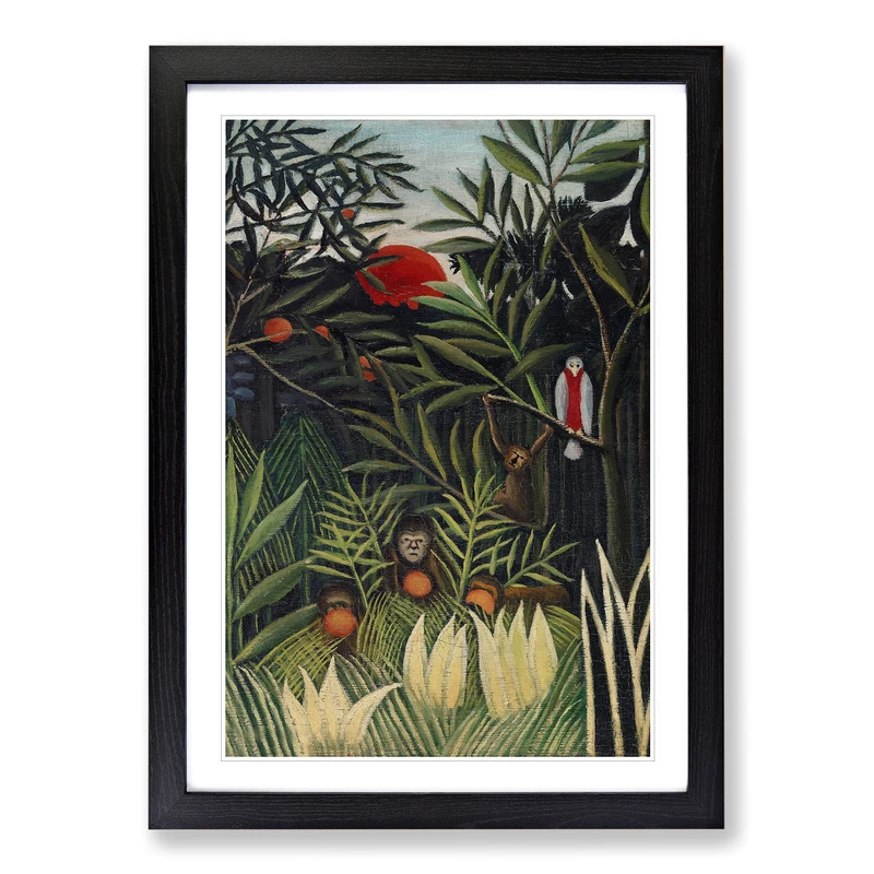 Monkeys and Parrot in The Virgin Forest by Henri Rousseau Framed Print | A2 Black Framed Wall Art | Ready to Hang | Modern Animal Picture | Living Room Bedroom Lounge Office