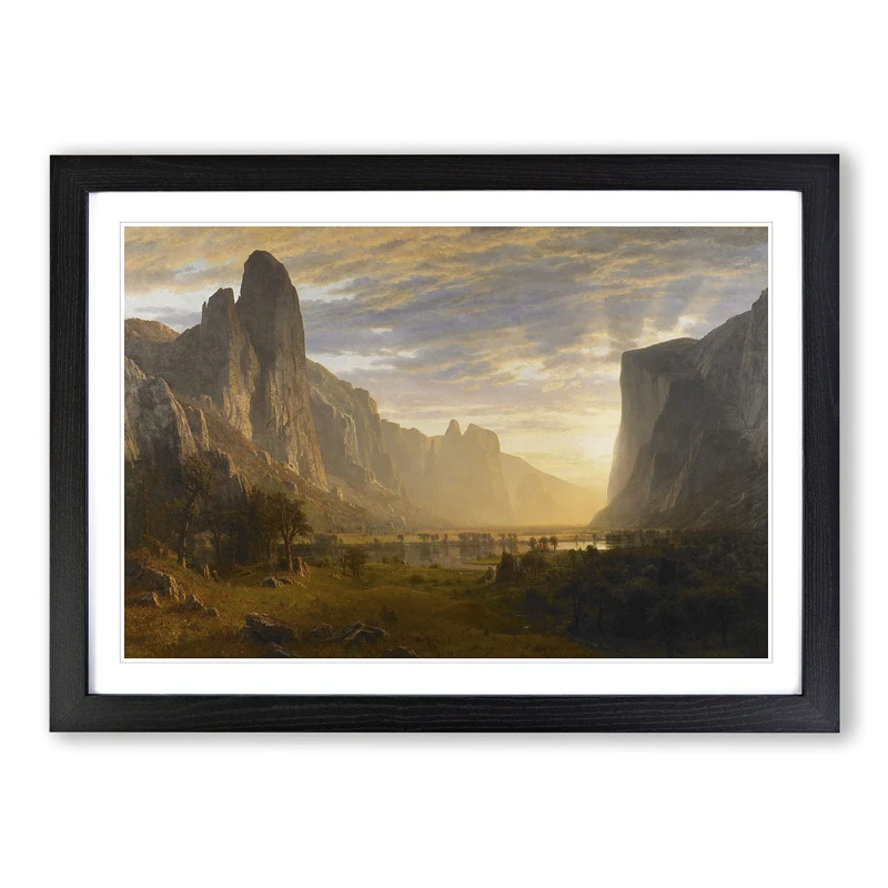 Looking Down On Yosemite Valley by Albert Bierstadt Framed Print | A2 Black Framed Wall Art | Ready to Hang | Modern Landscape Picture | Living Room Bedroom Lounge Office