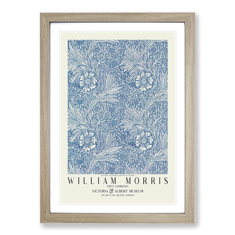Blue Marigold with Border by William Morris Framed Print | A2 Oak Framed Wall Art | Ready to Hang | Modern Floral Picture | Living Room Bedroom Lounge Office