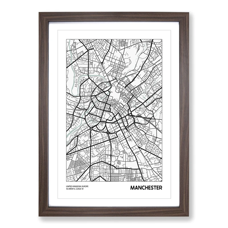 Map Manchester UK Framed Print | A2 Walnut Framed Wall Art | Ready to Hang | Modern Map Picture | Living Room Bedroom Lounge Office