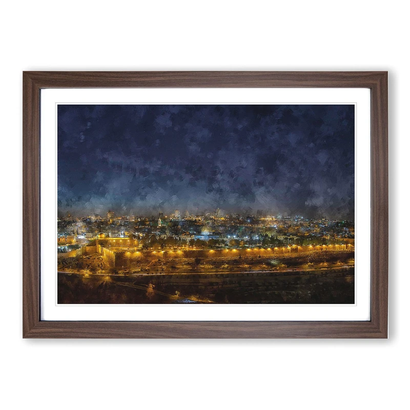 Old City in Jerusalem Israel Painting Framed Print | A2 Walnut Framed Wall Art | Ready to Hang | Modern Cityscape Picture | Living Room Bedroom Lounge Office