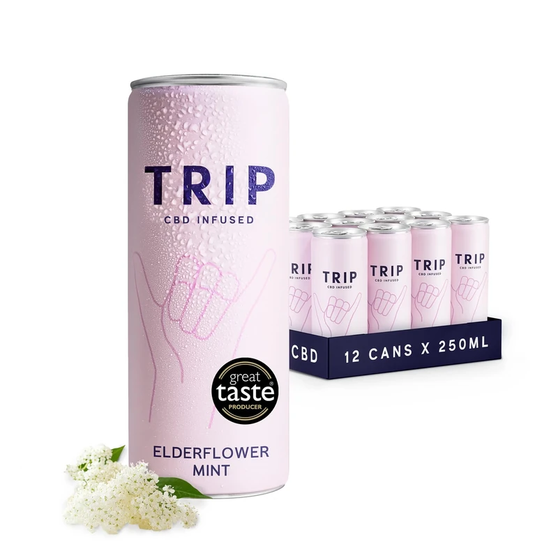 TRIP CBD Drink, Sparkling Elderflower Mint Fizzy Drink, Low Calorie, Vegan, 250 ml (Pack of 12)