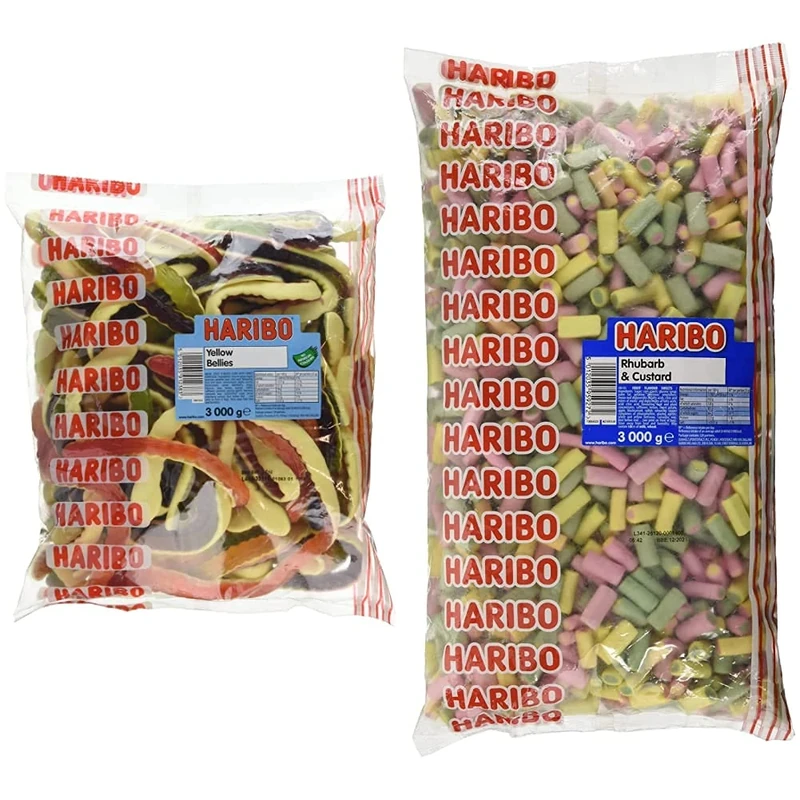 HARIBO Yellow Belly Giant Snakes, Yellow Bellies Bulk Sweets, 3kg & Rhubarb and Custard Bulk Bag 3 Kg