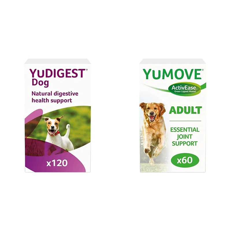 Lintbells | YuDIGEST Dog | Probiotics for Dogs with Sensitive Digestion, All Ages and Breeds | 120 Tablets & YuMOVE Adult Dog | Hip and Joint Supplement for Stiff Adult Dogs| Aged 6 to 8 | 60 Tablets