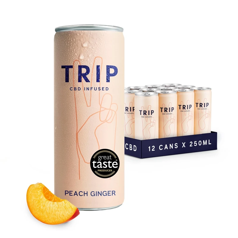 TRIP CBD Drink, Sparkling Peach Ginger Fizzy Drink, Low Calorie, Vegan (Pack of 12 x 250ml)