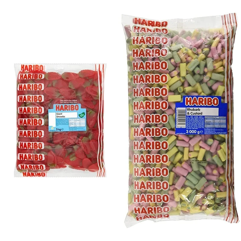 HARIBO Giant Strawbs 3kg bulk bag vegetarian sweets & Rhubarb and Custard Bulk Bag 3 Kg