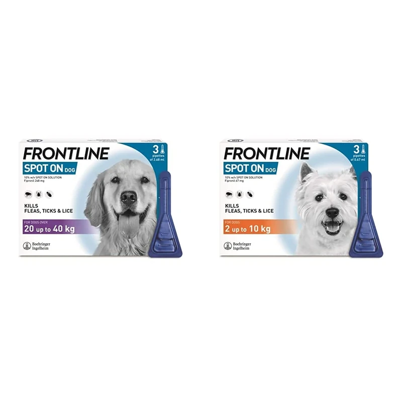 FRONTLINE Spot On Flea & Tick Treatment for Large Dogs (20-40 kg) - 3 Pipettes & Spot On Flea & Tick Treatment for Small Dogs (2-10 kg) - 3 Pipettes
