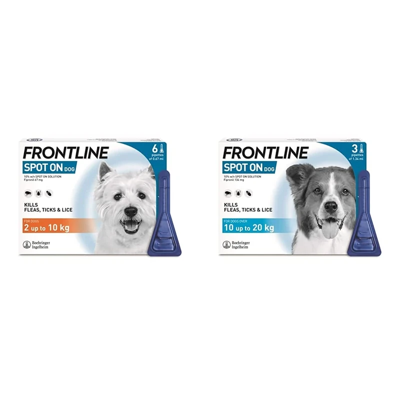 FRONTLINE Spot On Flea & Tick Treatment for Small Dogs (2-10 kg) - 6 Pipettes & Spot On Flea & Tick Treatment for Medium Dogs (10-20 kg) - 3 Pipettes