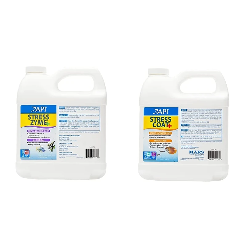 API Stress Zyme Freshwater and Saltwater Aquarium Cleaning Solution Bottle, White, 1.9 Litre & Stress Coat Aquarium Water Conditioner, 1.9 Liter Bottle