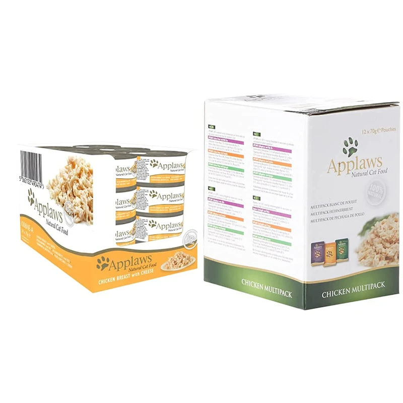 Applaws 100% Natural Wet Cat Food, Chicken with Cheese in Broth, 70 g Tin Cans (Pack of 24) & 100% Natural Wet Cat Food, Chicken Selection in Broth Pouch, 12 x 70 g Pouches