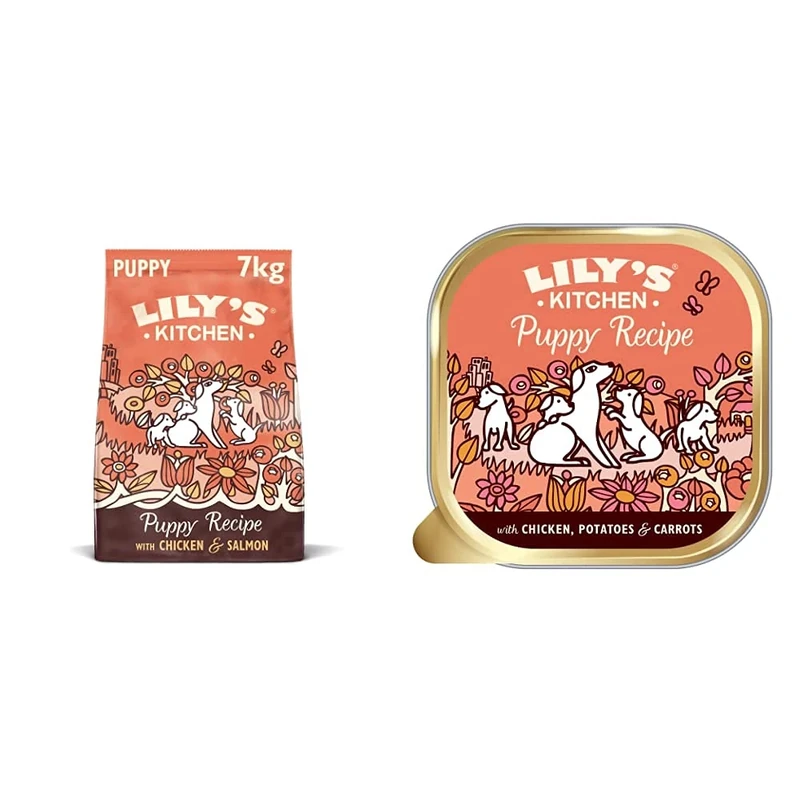 Lily's Kitchen Puppy Recipe Chicken, Salmon & Peas Complete Dry Dog Food (7 kg) & Puppy Recipe with Chicken - Grain Free Puppy Wet Dog Food (10 Trays x 150 g)