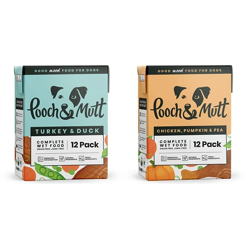 Pooch & Mutt - Wet Dog Food with Natural Ingredients - Turkey & Duck, 12 x 375g & Wet Dog Food with Natural Ingredients - Grain Free - Suitable for all Breeds & Sizes - Pumpkin & Pea, 12 x 375g