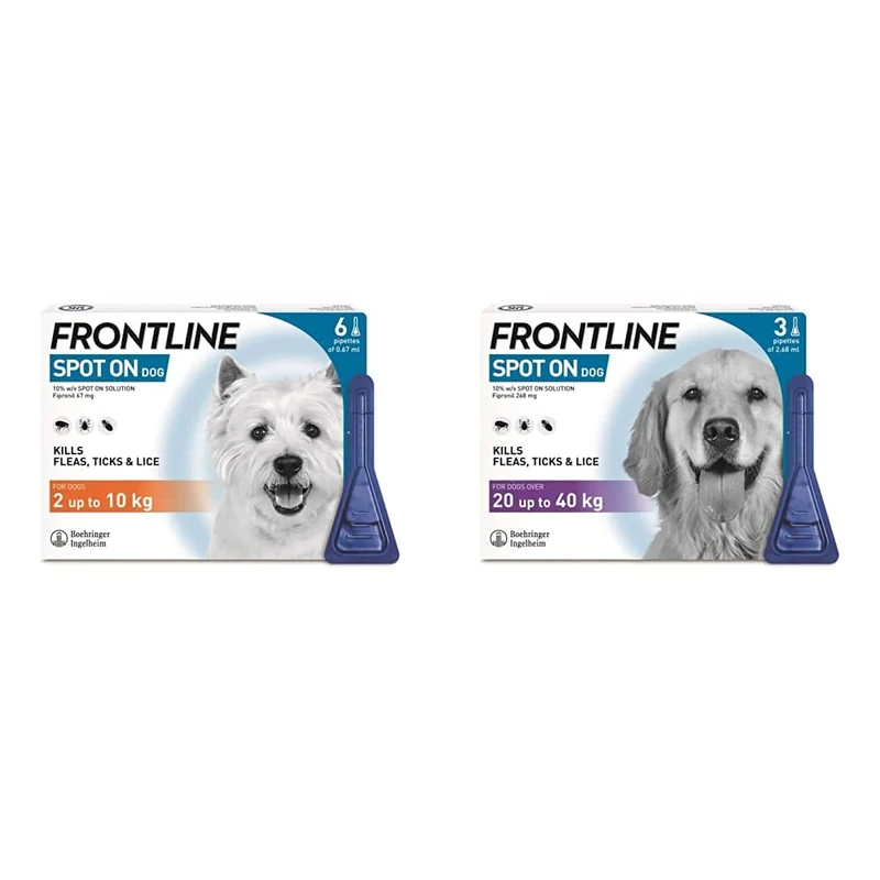 FRONTLINE Spot On Flea & Tick Treatment for Small Dogs (2-10 kg) - 6 Pipettes & Spot On Flea & Tick Treatment for Large Dogs (20-40 kg) - 3 Pipettes