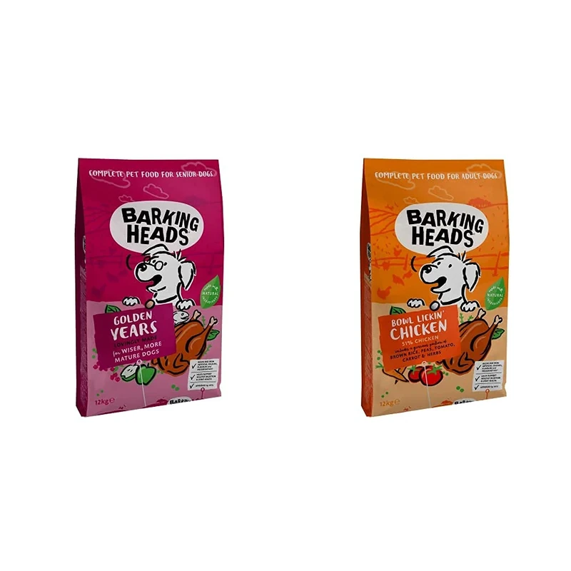 Barking Heads Dry Dog Food for Senior Dogs - Golden Years - 100% Natural Free-Run Chicken and Fish, 12 kg & Dry Dog Food - Bowl Lickin' Chicken - 100% Natural Chicken with No Artificial Flavours, 12kg