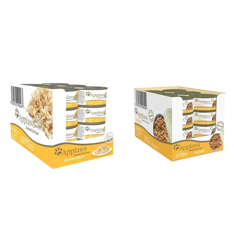 Applaws 100% Natural Wet Cat Food, Chicken Breast in Broth 70 g Tin, 24 x 70 g Tins & Natural Wet Kitten Food, Chicken in Jelly Tin, 70 g (Pack of 24) (Packaging May Vary)