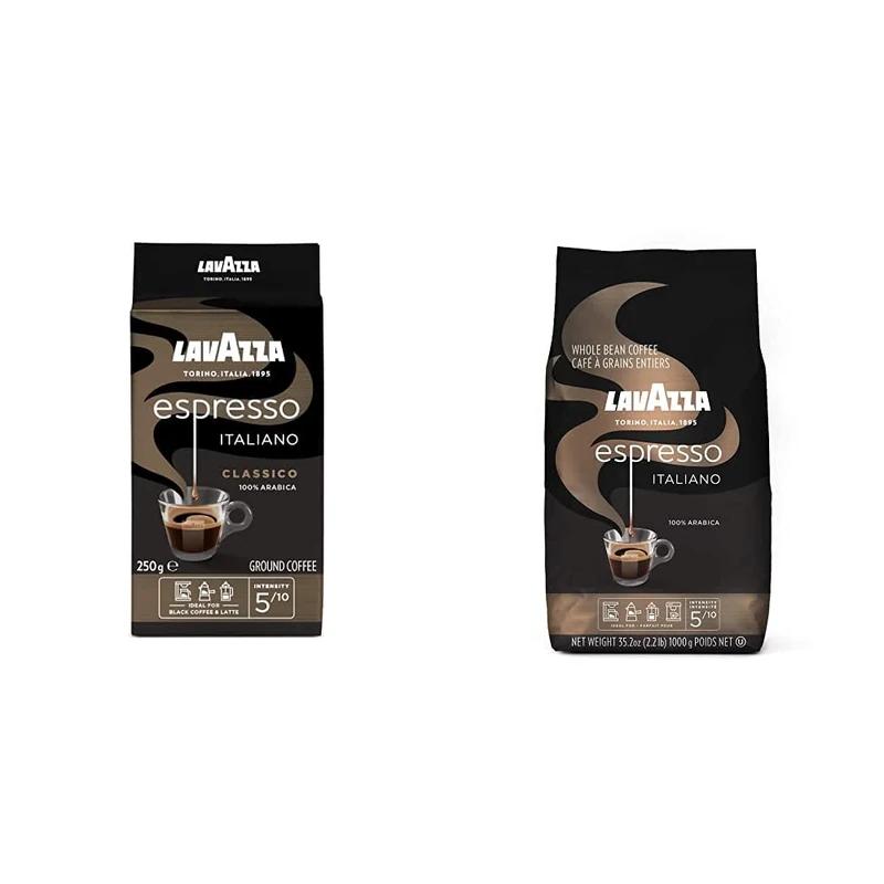Lavazza Caffe Espresso, 100% Arabica Light Roast Ground Coffee, 250 g, (Pack of 6) & Espresso Italiano, 100 Percent Arabica Medium Roast Coffee Beans, Pack of 1 kg