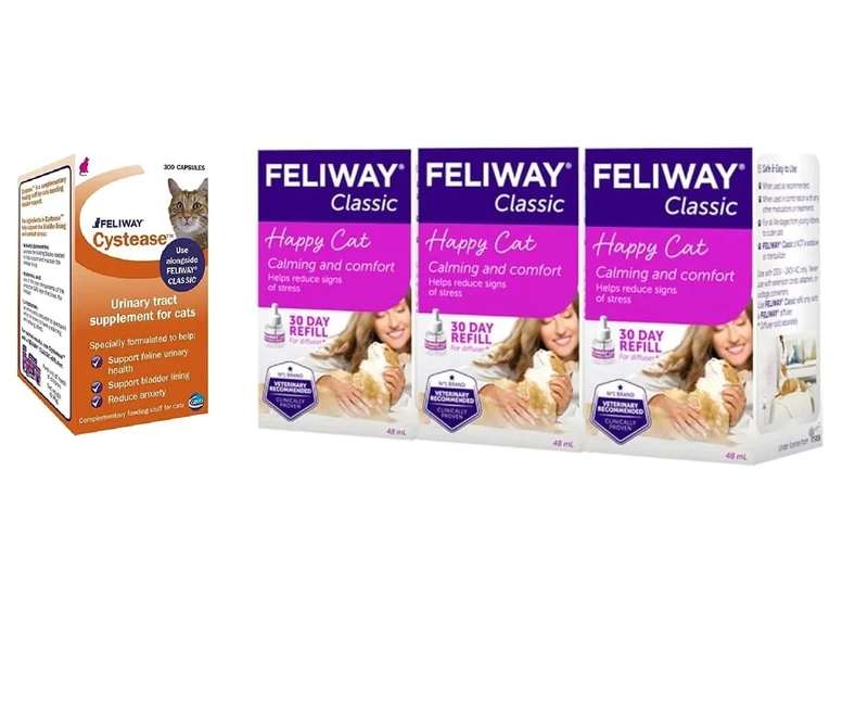 Feliway Cystease, for stress-related bladder problems in cats - 300 Capsules & Classic 30 day Refill x3 Value Pack Classic comforts cats, helps solve behavioural issues and stress - 48ml x3